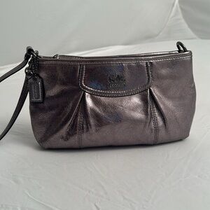 Coach Madison large metallic pewter leather wristlet or clutch evening bag
